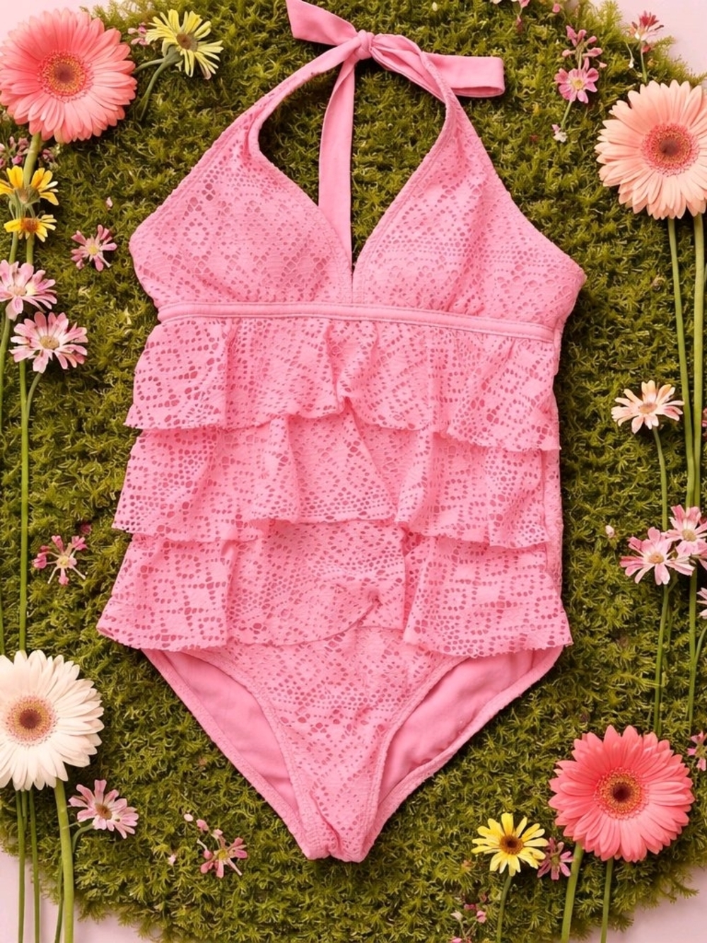 Women's  or Junior Pink Ruffle Halter One-Piece Swimsuit